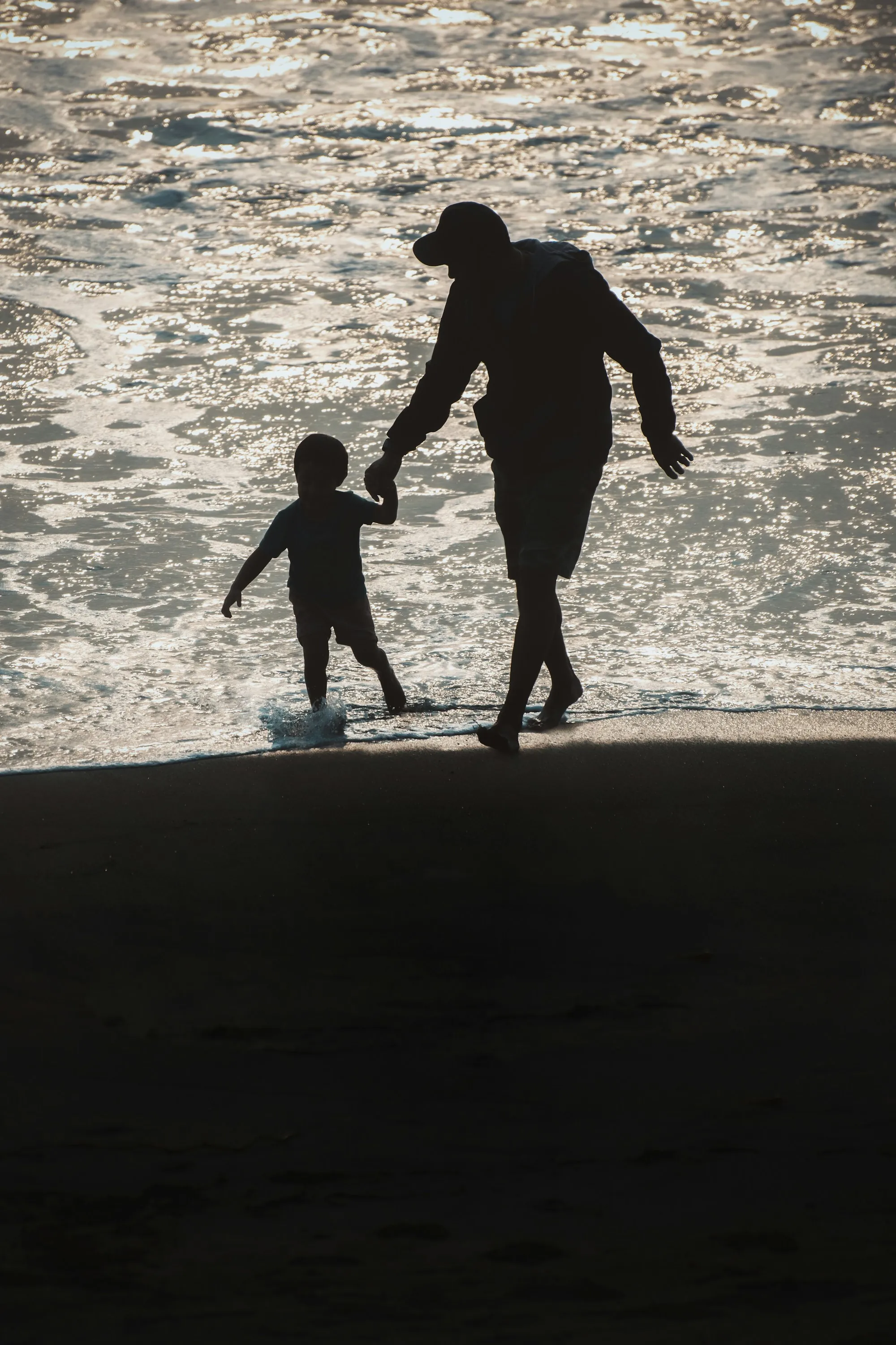 Silhouette of a parent and child walking on a beach